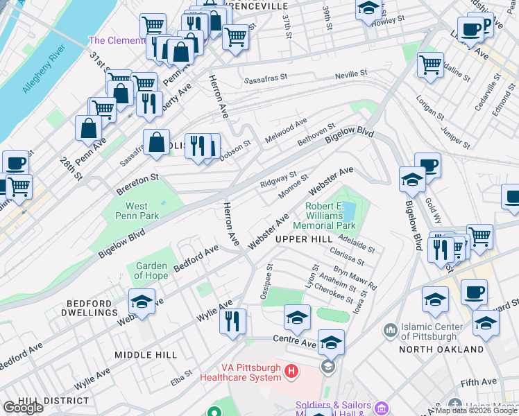 map of restaurants, bars, coffee shops, grocery stores, and more near 3377 Monroe Street in Pittsburgh