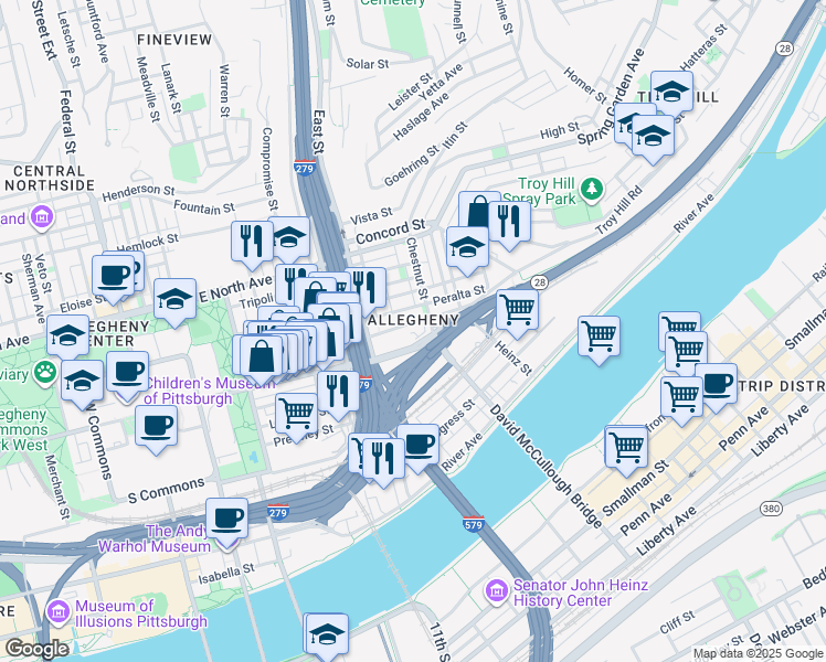 map of restaurants, bars, coffee shops, grocery stores, and more near 853 Phineas Street in Pittsburgh