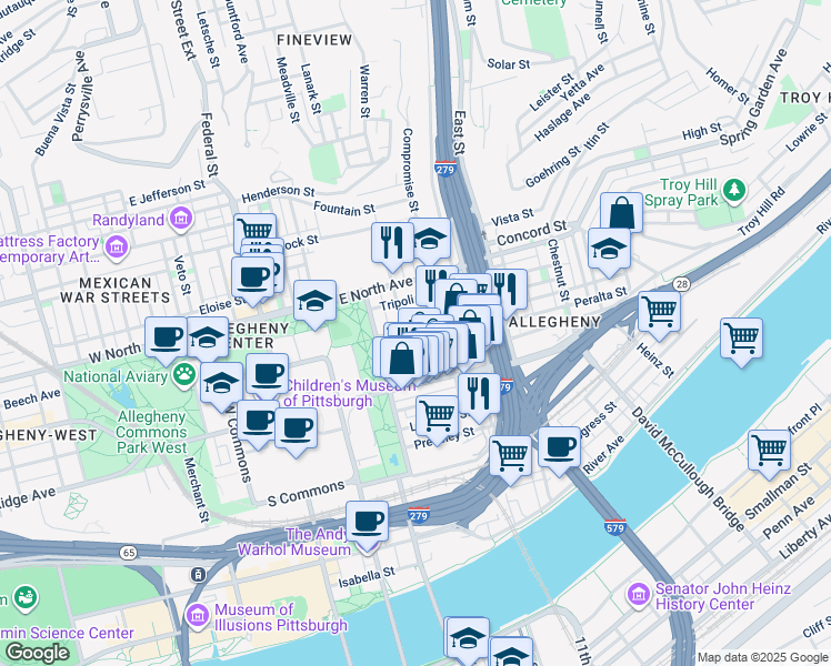 map of restaurants, bars, coffee shops, grocery stores, and more near 820 James Street in Pittsburgh