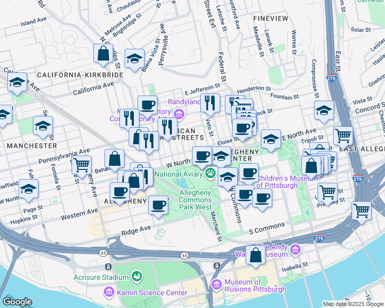 map of restaurants, bars, coffee shops, grocery stores, and more near in Pittsburgh