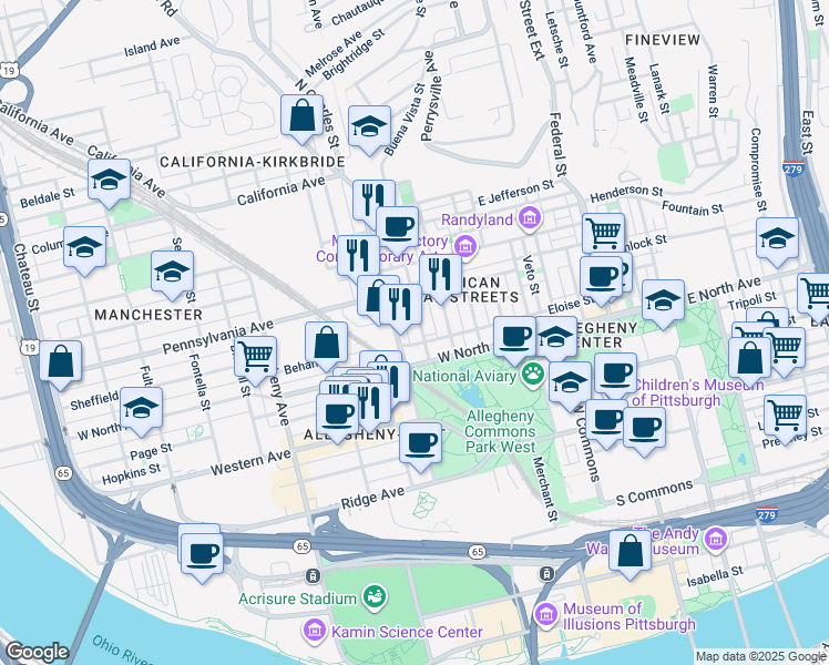 map of restaurants, bars, coffee shops, grocery stores, and more near 1218 Drovers Way in Pittsburgh