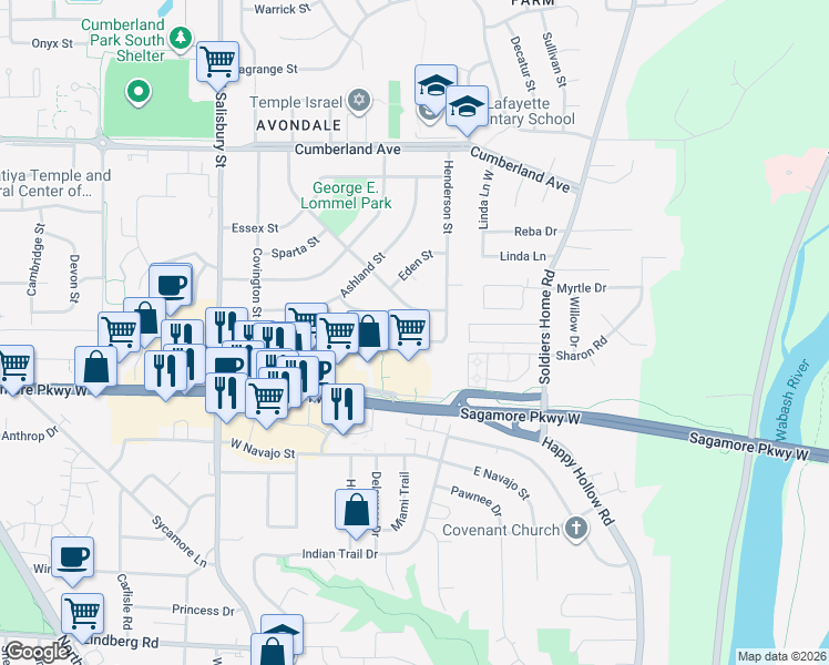 map of restaurants, bars, coffee shops, grocery stores, and more near 630 Kent Avenue in West Lafayette