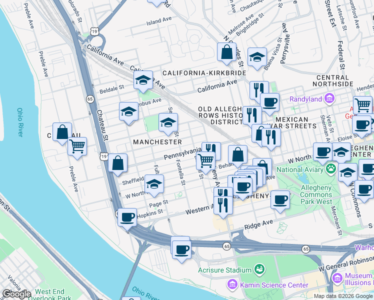 map of restaurants, bars, coffee shops, grocery stores, and more near 1114 Pennsylvania Avenue in Pittsburgh