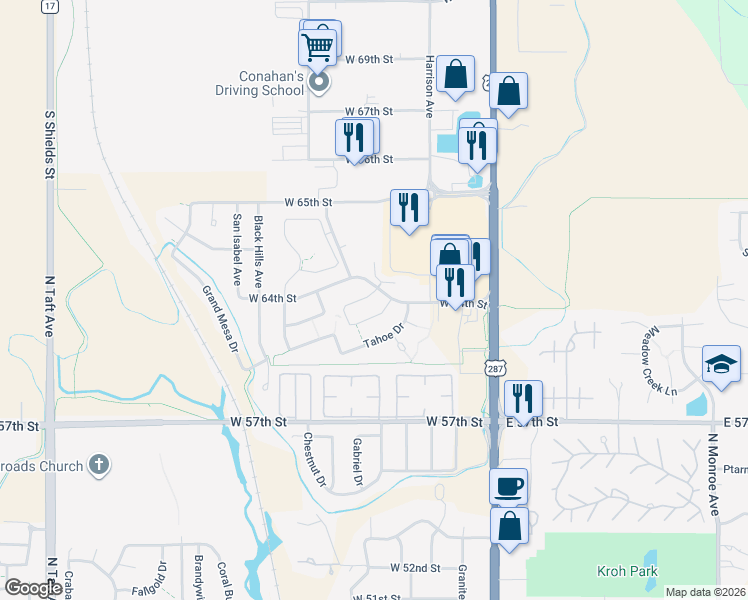 map of restaurants, bars, coffee shops, grocery stores, and more near 416 Osceola Drive in Loveland