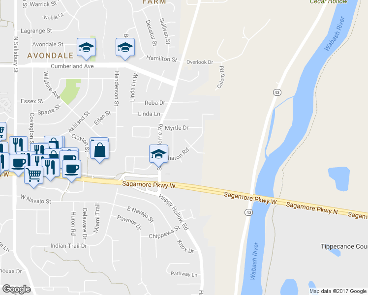 map of restaurants, bars, coffee shops, grocery stores, and more near 226 Sharon Rd in West Lafayette