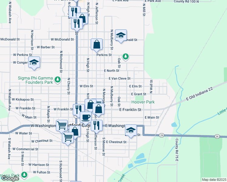 map of restaurants, bars, coffee shops, grocery stores, and more near 504 North Mulberry Street in Hartford City
