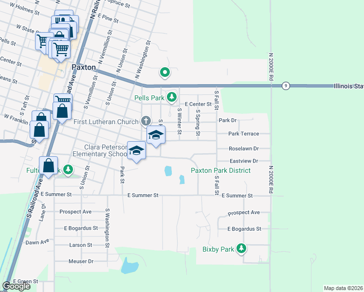 map of restaurants, bars, coffee shops, grocery stores, and more near 840 East Patton Street in Paxton