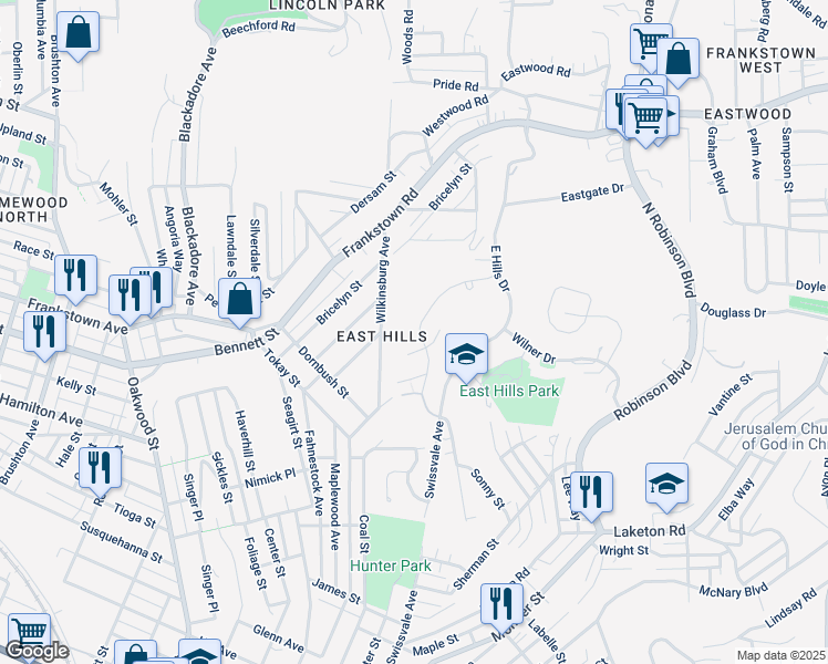 map of restaurants, bars, coffee shops, grocery stores, and more near 2335 Park Hill Drive in Pittsburgh