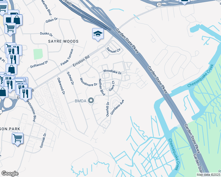 map of restaurants, bars, coffee shops, grocery stores, and more near 87 Giera Court in Sayreville