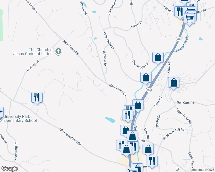 map of restaurants, bars, coffee shops, grocery stores, and more near 2125 New Texas Road in Pittsburgh