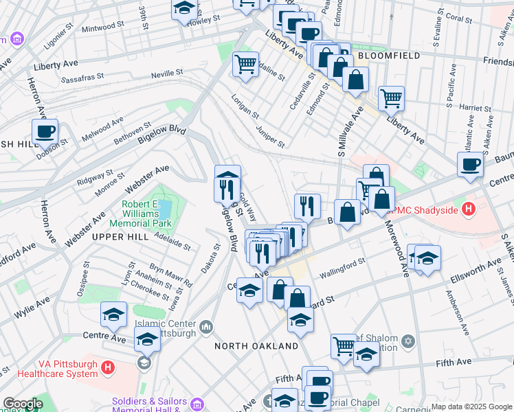 map of restaurants, bars, coffee shops, grocery stores, and more near 450 Melwood Avenue in Pittsburgh