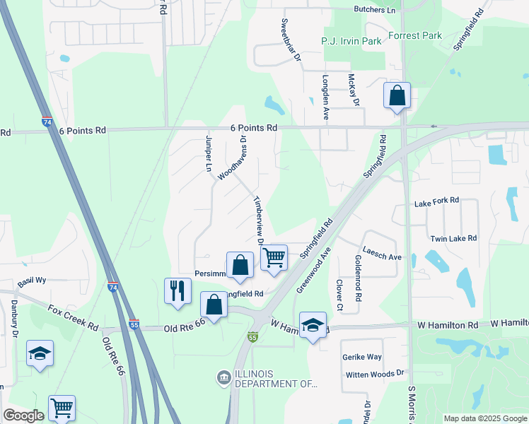 map of restaurants, bars, coffee shops, grocery stores, and more near 2310 Timberview Dr in Bloomington