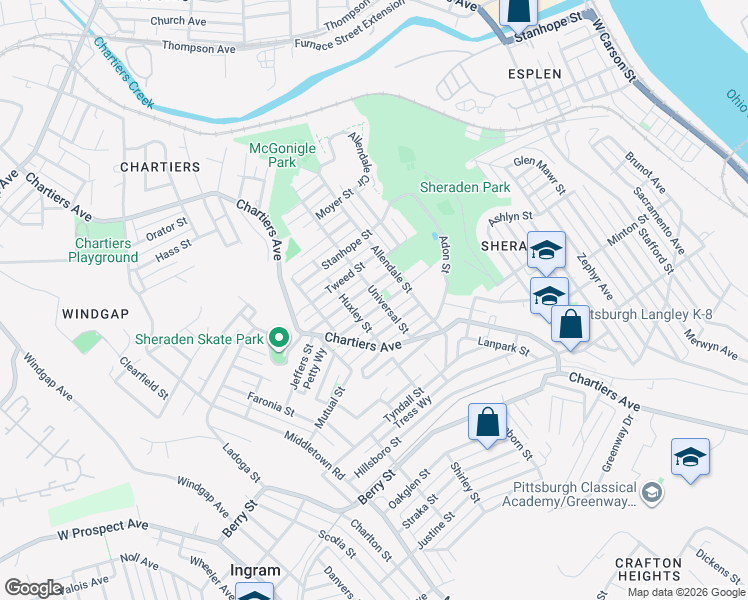 map of restaurants, bars, coffee shops, grocery stores, and more near 3207 Universal St in Pittsburgh