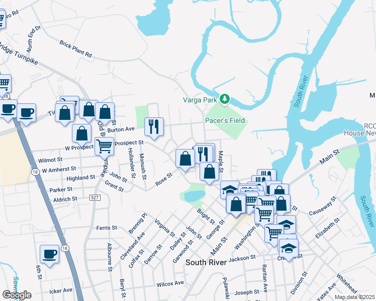 map of restaurants, bars, coffee shops, grocery stores, and more near 27 June Street in South River
