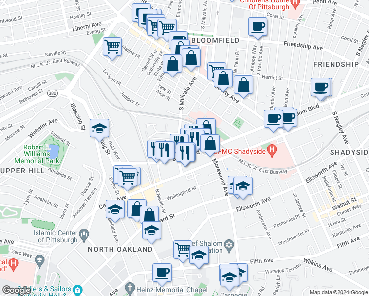 map of restaurants, bars, coffee shops, grocery stores, and more near 760 Broughton Street in Pittsburgh