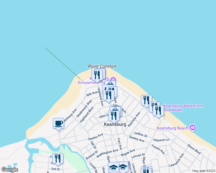 map of restaurants, bars, coffee shops, grocery stores, and more near 270 Beachway Avenue in Keansburg