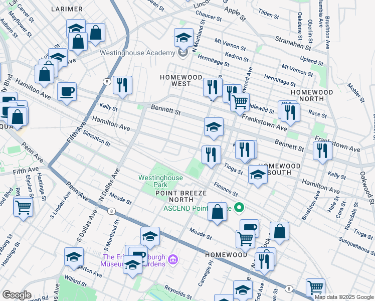 map of restaurants, bars, coffee shops, grocery stores, and more near 7054 Hamilton Avenue in Pittsburgh