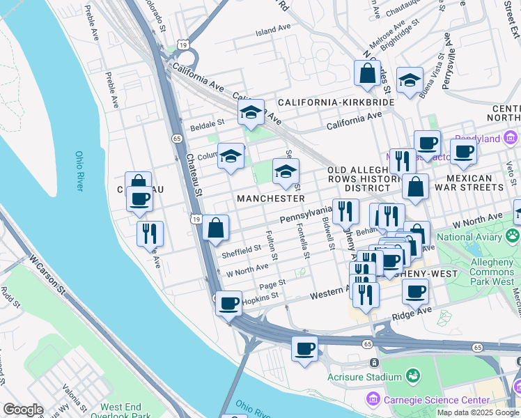 map of restaurants, bars, coffee shops, grocery stores, and more near 1301 Liverpool Street in Pittsburgh
