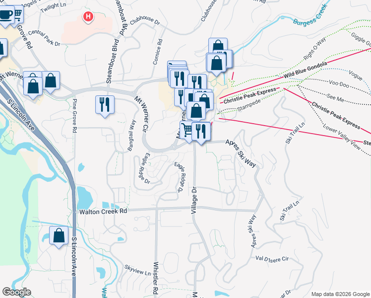 map of restaurants, bars, coffee shops, grocery stores, and more near 2525 Village Drive in Steamboat Springs