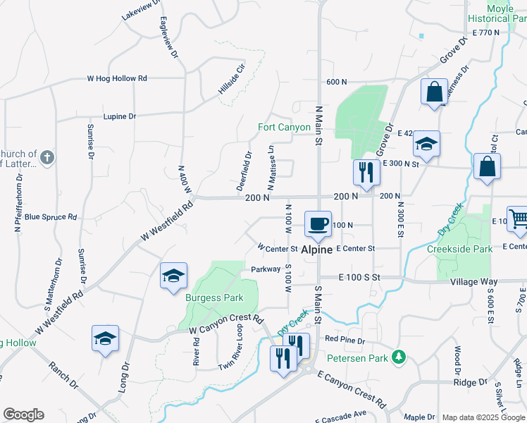 map of restaurants, bars, coffee shops, grocery stores, and more near 172 Fort Creek Drive in Alpine