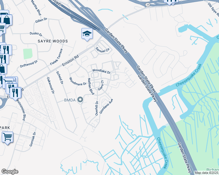 map of restaurants, bars, coffee shops, grocery stores, and more near 6406 Fernandez Court in Sayreville