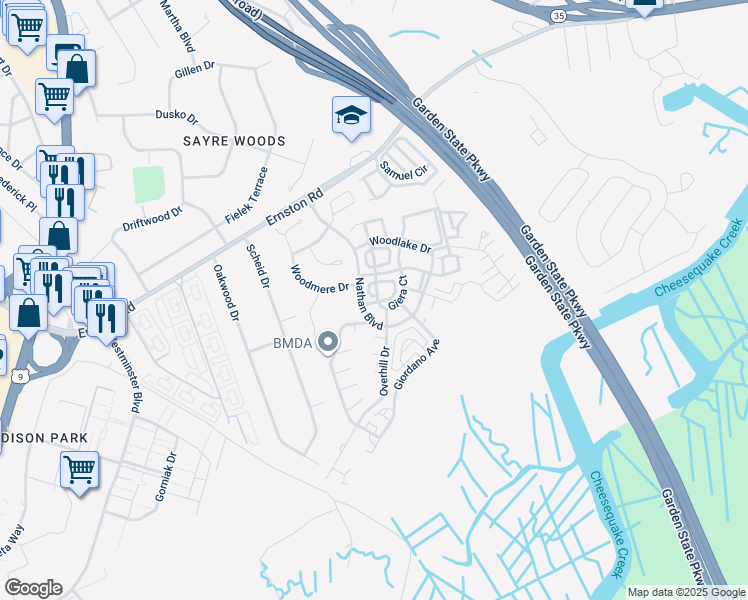 map of restaurants, bars, coffee shops, grocery stores, and more near 9 Boehm Drive in Sayreville