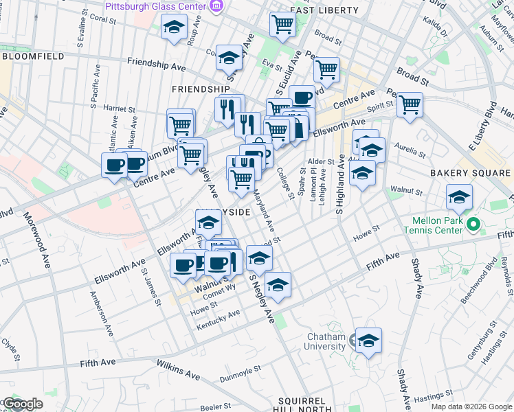 map of restaurants, bars, coffee shops, grocery stores, and more near 642 Maryland Avenue in Pittsburgh