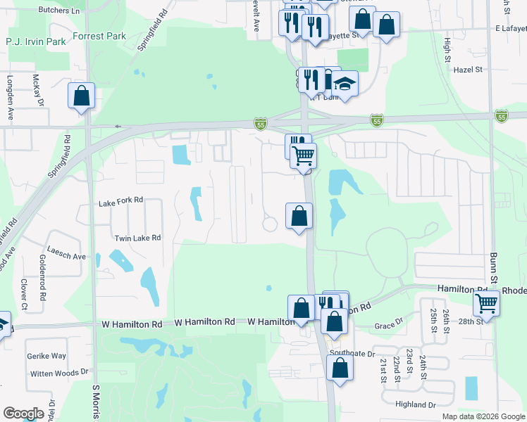 map of restaurants, bars, coffee shops, grocery stores, and more near 2005 Tracy Drive in Bloomington
