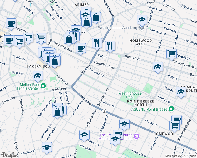 map of restaurants, bars, coffee shops, grocery stores, and more near 6801 McPherson Boulevard in Pittsburgh