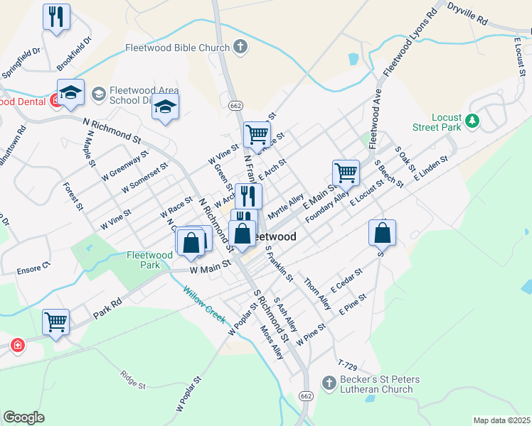 map of restaurants, bars, coffee shops, grocery stores, and more near 29 East Main Street in Fleetwood