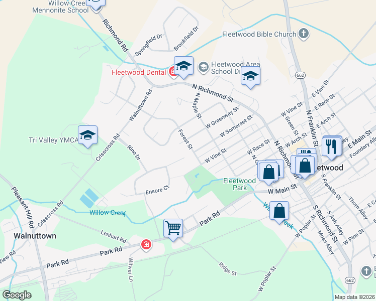 map of restaurants, bars, coffee shops, grocery stores, and more near 500 Forest Street in Fleetwood