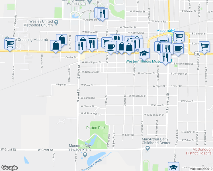 map of restaurants, bars, coffee shops, grocery stores, and more near 701 West Piper Street in Macomb