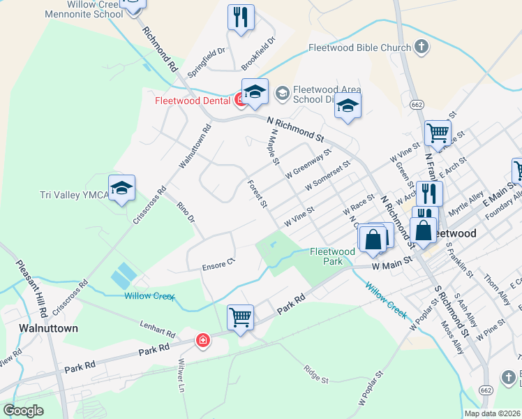 map of restaurants, bars, coffee shops, grocery stores, and more near 500 Forest Street in Fleetwood
