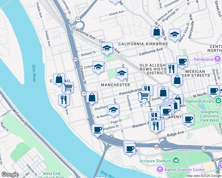 map of restaurants, bars, coffee shops, grocery stores, and more near 1301 Liverpool Street in Pittsburgh