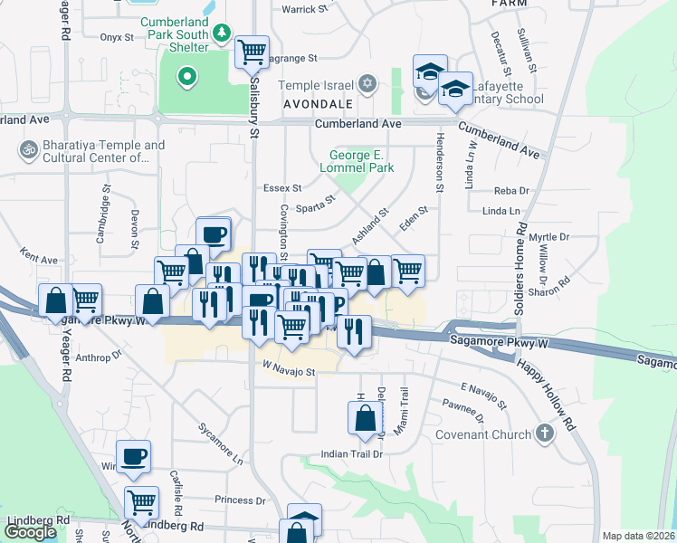 map of restaurants, bars, coffee shops, grocery stores, and more near 800 Kent Avenue in West Lafayette
