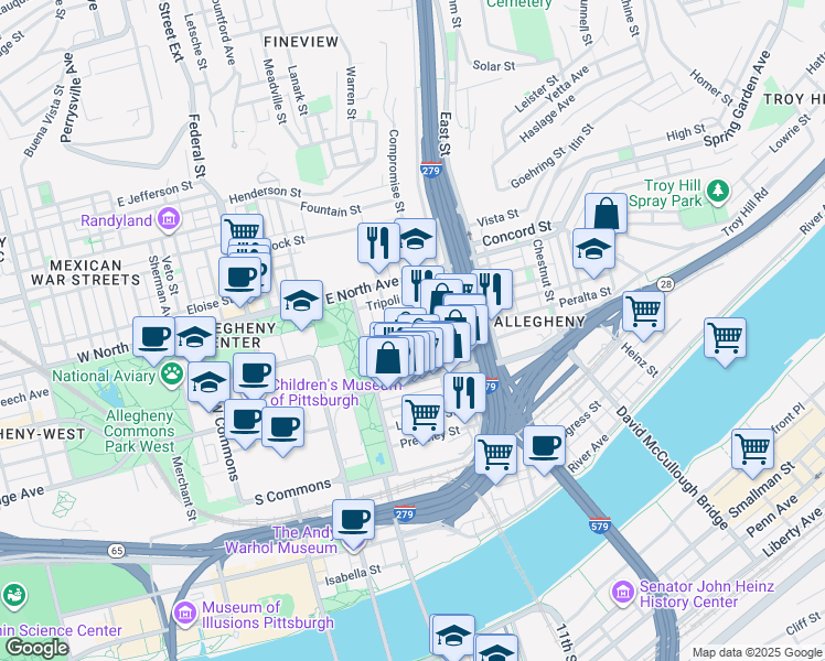 map of restaurants, bars, coffee shops, grocery stores, and more near 820 James Street in Pittsburgh
