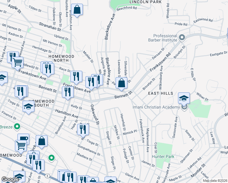 map of restaurants, bars, coffee shops, grocery stores, and more near 8122 Frankstown Avenue in Pittsburgh