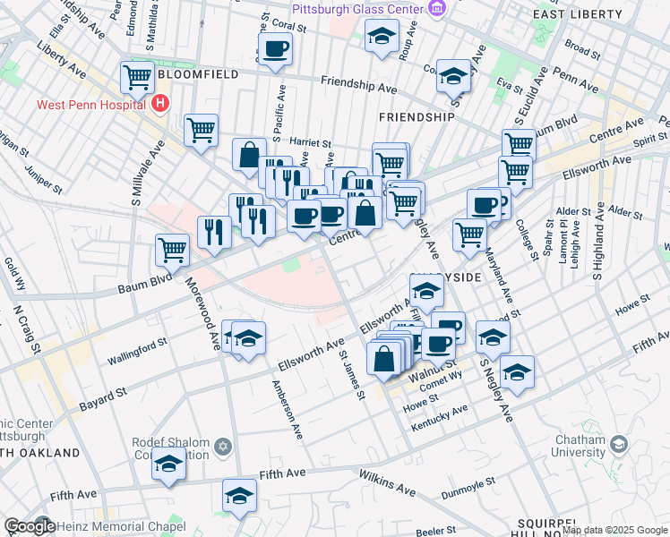 map of restaurants, bars, coffee shops, grocery stores, and more near 527 South Aiken Avenue in Pittsburgh