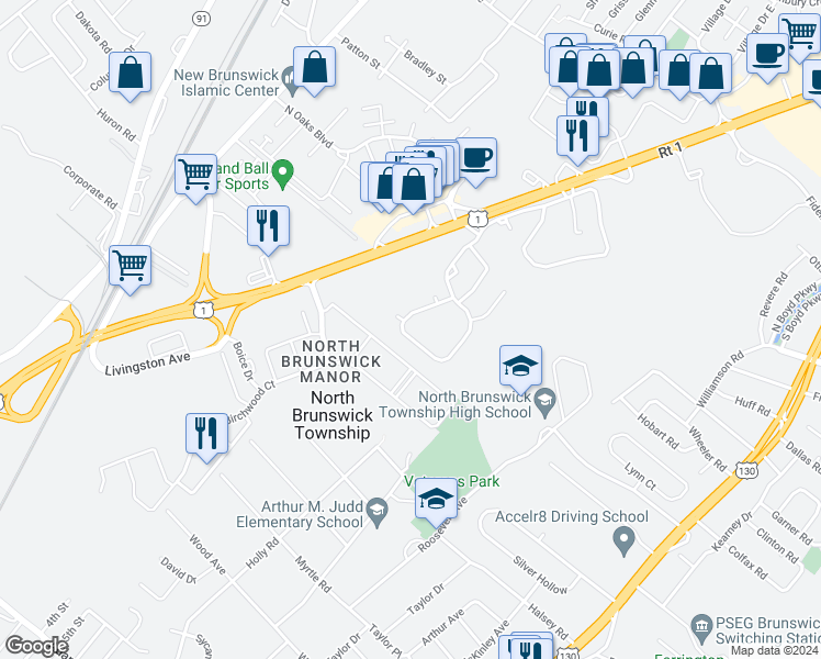 map of restaurants, bars, coffee shops, grocery stores, and more near 132 Pennsylvania Way in North Brunswick Township