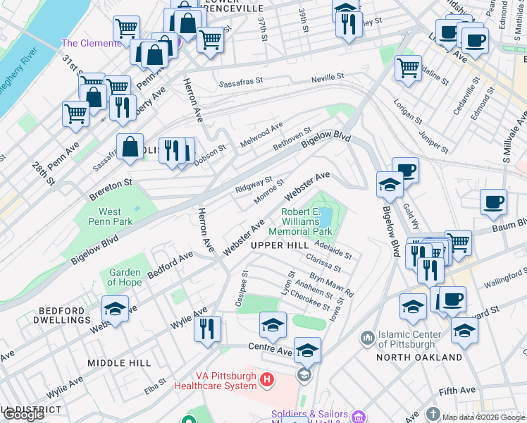 map of restaurants, bars, coffee shops, grocery stores, and more near 3397 Webster Avenue in Pittsburgh