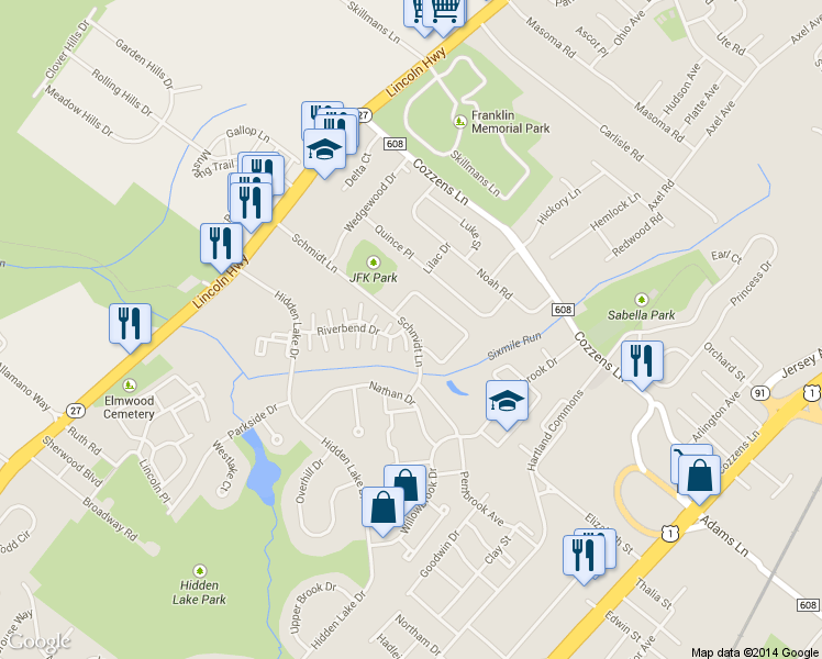 map of restaurants, bars, coffee shops, grocery stores, and more near 1161 Schmidt Lane in North Brunswick Township