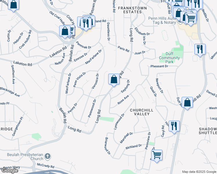 map of restaurants, bars, coffee shops, grocery stores, and more near 544 Long Road in Pittsburgh