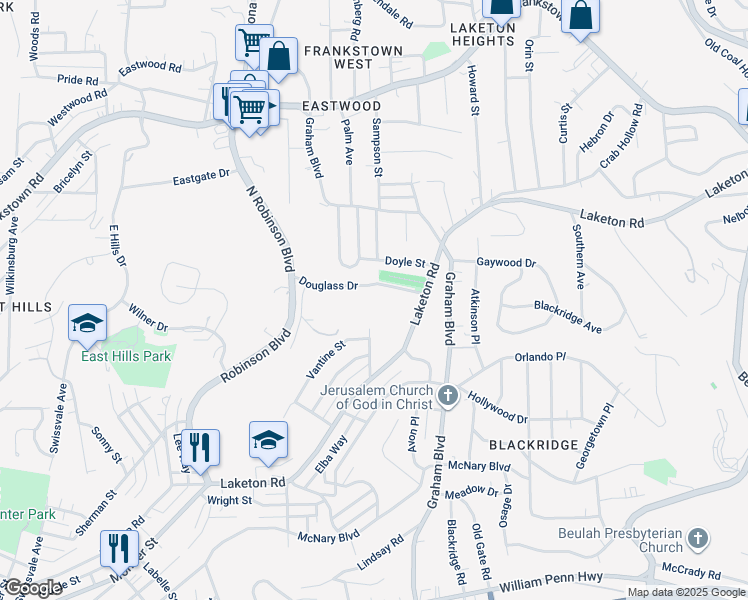 map of restaurants, bars, coffee shops, grocery stores, and more near 2405 Laketon Road in Pittsburgh