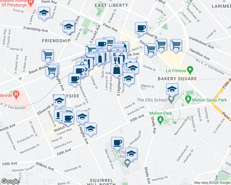 map of restaurants, bars, coffee shops, grocery stores, and more near 375 Lehigh Avenue in Pittsburgh