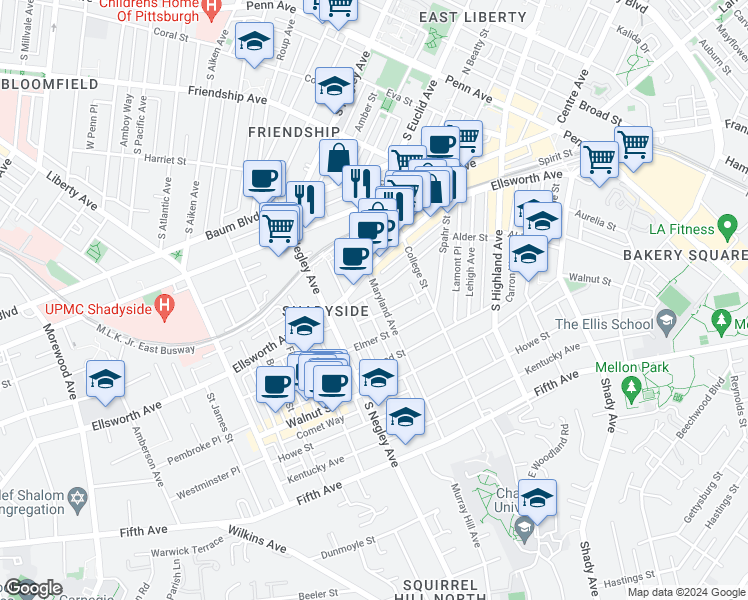 map of restaurants, bars, coffee shops, grocery stores, and more near 642 Maryland Avenue in Pittsburgh