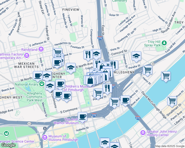 map of restaurants, bars, coffee shops, grocery stores, and more near 820 James Street in Pittsburgh