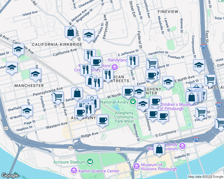 map of restaurants, bars, coffee shops, grocery stores, and more near 600 West North Avenue in Pittsburgh