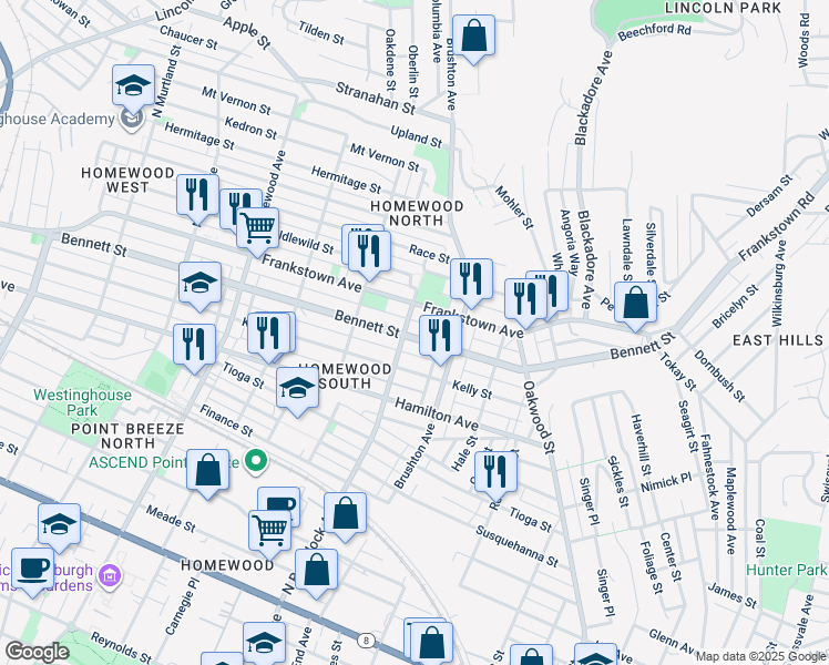 map of restaurants, bars, coffee shops, grocery stores, and more near 7607 Pennsylvania 380 in Pittsburgh