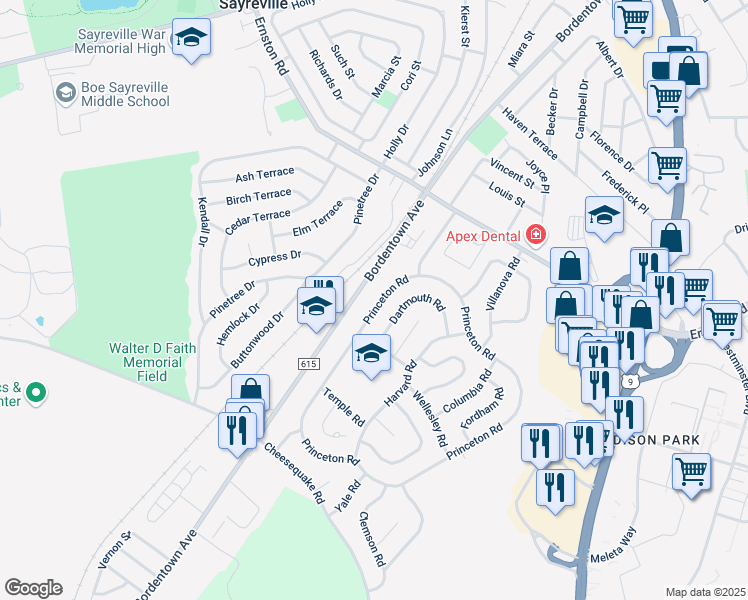 map of restaurants, bars, coffee shops, grocery stores, and more near 78 Princeton Road in Old Bridge