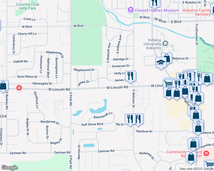 map of restaurants, bars, coffee shops, grocery stores, and more near 700 West Lincoln Road in Kokomo